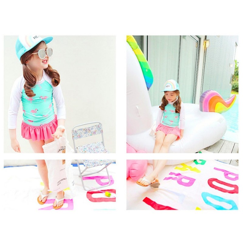 [Emfay] キッズ 女の子 水着 セパレート フラミンゴ柄 長袖 女児水着 ラッシュガード キャップ付き