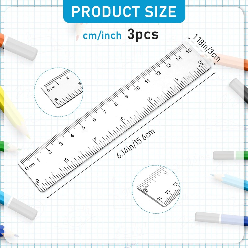 3 Pack 6 Inch Ruler Set Plastic Straight Ruler Transparent
