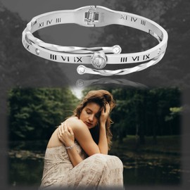 Flongo Women's Bracelet Stainless Steel Bracelet Women's Bangle BFF Chains with Roman Numerals Engraving Gold Golden Silver Elegant for Women, Artificial Diamond