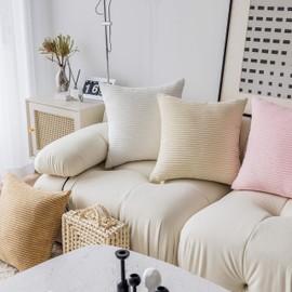 Demetex Cushion Cover 17.7 x 17.7 inches (45 x 45 cm), Set of 2, Corduroy Fashion, Nordic, Washable, Fluffy, Hidden Zipper, Striped, Decorative Pillow Cover for Sofa Back, Khaki [Cover Only]