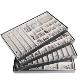 JACKCUBE DESIGN Stackable Synthetic Leather Jewelry Tray Earring Necklace Bracelet Ring Organizer Display Storage Box(Set of 4, Black, 16 x 9.6 x 1.6 inches)- :MK212-3ABCD
