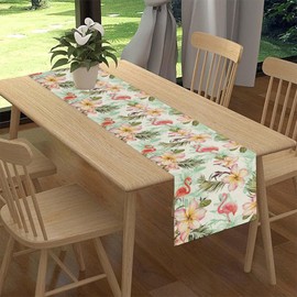 Camino de mesa de verano, granja de flamenco tropical rosa floral verde hojas de palma Hawaii, centro de decoración para el hogar, cocina y comedor al aire última intervensión, decoración de mesa de