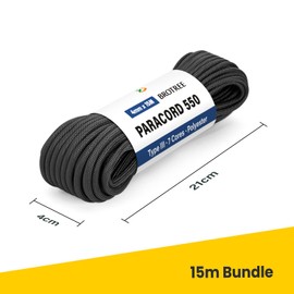 Brotree 550 Paracord 4mm 15m Rope Type III 7 Strands 100% Polyester Parachute Cord for Crafting, Camping, Outdoor, Survival - Black