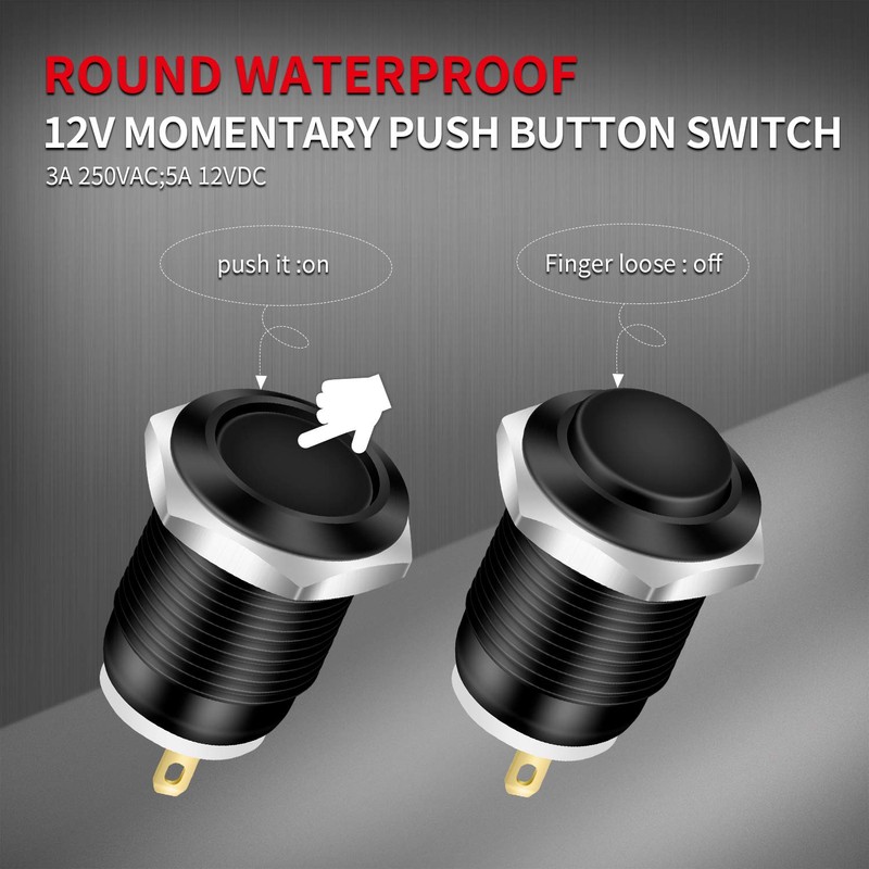 DaierTek 6pcs 12V Momentary Push Button Switch Waterproof Black Metal