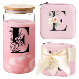 AYGXU Travel Jewelry Cases Organizer,Travel Essentials,Travel Gifts for Women Girls,16oz glass cup with bamboo lid and straw,aesthetic glass cup,Cute Tumbler Cup,Teacher Gifts,Initial E pink