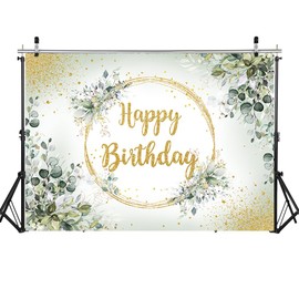 Greenery Happy Birthday Banner Backdrop 7x5FT Green Eucalyptus Leaf Birthday Photography Background Kids Adults Birthday Party Decorations Supplies Photo Props