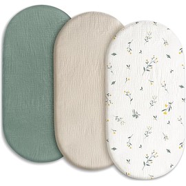 Gllquen Baby Muslin Bassinet Sheets 3 Pack, Breathable Elastic Cozy Fitted Cotton Bassinet Mattress Sheet for Baby Boy Girls, Fit for Hourglass Oval Rectangular Cradle Pad Sheets 33"X17" (Green)