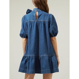 EZAPINE Womens Denim Dress Flowy Mock Neck Ruffle Short Sleeve Tiered Babydoll Dress Blue