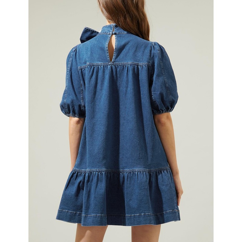 EZAPINE Womens Denim Dress Flowy Mock Neck Ruffle Short Sleeve