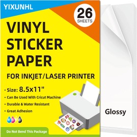 YIXUNHL Vinyl Sticker Paper for Inkjet and Laser Printers, Self-Adhesive Labels,Waterproof, 8.5 x 11 inches- 26 Sheets Glossy, Dries Quickly, Tear Resistant, Great for Cutting Machines (Glossy)
