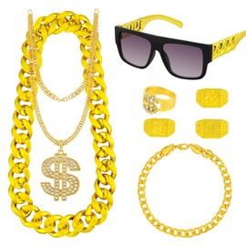 BSBUY Costume Set Rapper Hip Hop Accessories with Dollar Chain Large Gold Necklace Dollar Sign Ring Golden Bracelet Men's Gangster Gang Ring for 80s/90s Fancy Dress Theme Party Carnival Party, B