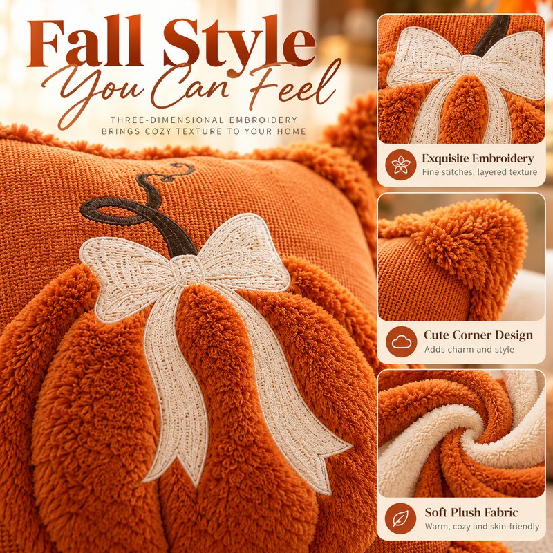 3D Plush Pumpkin Pillow Cover for Fall Decorating – Soft
