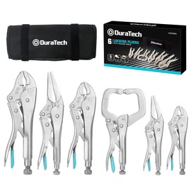 DURATECH 6-Piece CR-V Pliers Set - 6-1/2', 9-1/2' Long Nose, 5', 7' & 10' Curved Jaw, 6' C-Clamp, Fast Release with Oxford Rolling Pouch