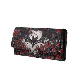 Jolamirel Black Bat Roses Print Women Slim Wallet Gothic Spider Web Trifold Long Credit Card Holder Clutch Handbag, Red Rose Flowers Leather Checkbook Wallet for Ladies