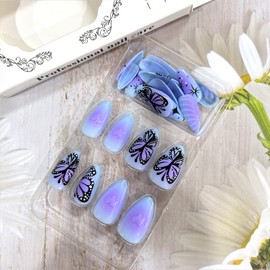 CJDLTS Purple Gradient False Nails Almond Press on Nails Medium Butterfly Stars Pattern Design Acrylic Nails 3D Love Heart Fake Nails Artificial Coffin Nails Acrylic Stick on Nails for Women 24Pcs