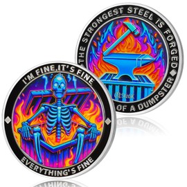 Purple Flame Skeleton Dumpster Fire Coin, I'm FINE Dumpster Fire Challenge Coin - Funny Office Desk Accessories - Novelty Coins Pocket Token - Inspirational Office Gifts for Men Women