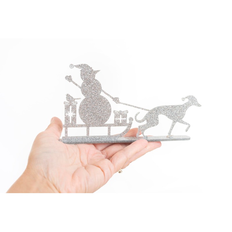 Whippet Greyhound Pulling Snowman on Sledge Silhouette Ornament - Handmade