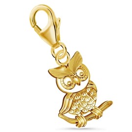 Goldene Hufeisen Bird Owl on Branch Lobster Clasp Charm Pendant for Charm Bracelet 925 Sterling Silver Gold-Plated, Sterling Silver Yellow Gold, No Gemstone