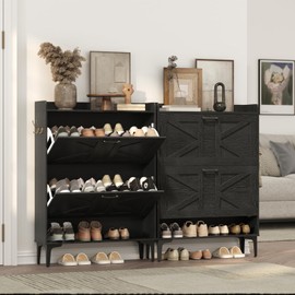 MAHANCRIS Shoe Storage Cabinet, Shoe Organizer with 2 Flip Drawers, Hidden Shoe Storage for Entryway, Freestanding Shoe Cabinet Organizer with Open Storages, Black SHHB9401