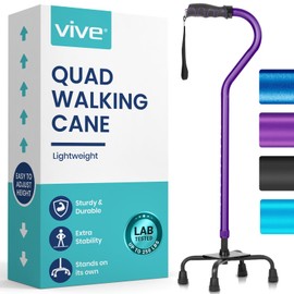 Vive Quad Cane - Walking Stick for Men and Women - Lightweight Adjustable Staff - Comfortable Right and Left Hand Grip for Stability Support - Four Prong Sturdy Aluminum Travel Aid - 4 Tip