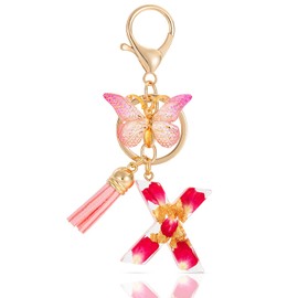 MWOOT Alphabet Initial Letter X Keychain Fashion Key Ring,Alphabet Petals Gold Foil Resin Keyring Charm with Butterfly Tassel Pendant,Pink Key Chain for Women Gift Purse Bag Handbag Decoration (X)