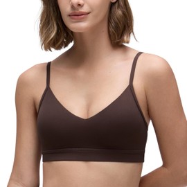 CRZ YOGA Butterluxe V-Neck Sports Bras for Women - Adjustable Thin Straps Padded Yoga Top Basic Wireless Camisole Hot Fudge Brown Small