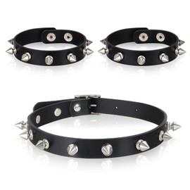 3 Pcs Leather Goth Spiked Choker, Studded Spiked Bracelets Punk Accessories Jewelry Set Leather Chokers Vintage Rock Punk Jewelry Gothic Accessories for 80s 90s Women Men Black Wristband