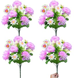 48 Heads Artificial Flowers for Outdoors, 4 Bunches 17 Inch Dahlia Daisies Mum Fake Plants UV Resistant Faux Flowers Bouquet Cemetery Flowers for Grave Outside Indoor Home Spring Summer Decor (Pink)