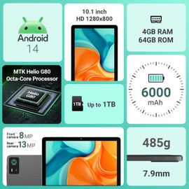 DigiLand 10.1" Android 14 Tablet | 10GB RAM (4GB+6GB Expansion) | 64GB ROM | MTK Helio G80 Octa-Core | Dual Camera & Speakers | 12H Battery | WiFi/BT5.0 | Includes Case, Adapter, USB