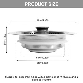 3 in 1 Plug for Sink Strainer, Kitchen Sink Plug, Pop-up Drain Strainer Plug, Stainless Steel Plug for Sink, Drain Plug, Kitchen Sink for Sink Hole 71-85 mm Depth > 40 mm