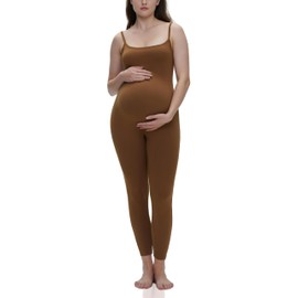 POSHDIVAH Women's Maternity Bodysuit Spaghetti Straps Sleeveless Tank Tops Leggings Jumpsuit Pregnancy Romper, Brown, X-Large
