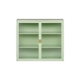 SPOFLYINN Removable Wooden Wall Cabinet Double Windowpane Glass Doors Bathroom Wall Cabinet Over The Toilet Adjustable Shelves Green Iron+Tempered Glass 1 PHO_10ZU Rectangular