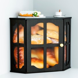 Jolitac Corner Bread Box - Farmhouse Vintage Style Solid Wood Bread Storage with Wavy Acrylic Door Panel Large Capacity Double Layer Countertop Organizer for Homemade Bread Baguette & Pastries Keeper