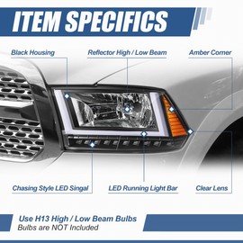 Auto Dynasty U-LED DRL Sequential Turn Signal Headlights Assembly Compatible with Dodge Ram 1500 2500 3500 2010-2024, Driver and Passenger, Black Housing Amber Corner