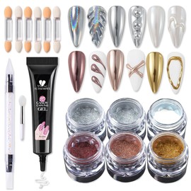 SUTOZMIWE Chrome Nail Powder and 3D Nail Gel Kit, Metallic Mirror Glitter Effect Chrome Powder For Nail Art, Holographic Aurora Iridescent Dip Dust Pigment and 10g Sculpting Gel Set for Nail Decor DIY