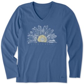 Life is Good Women's Standard Crusher Tee, Long Sleeve Cotton Graphic T-Shirts, Watercolor Daisy, Vintage Blue