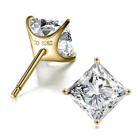 ”STUNNING FLAME“ 18K Gold Plated Sterling Silver Princess Cut Cubic Zirconia Stud Earrings for men women(6-Y)