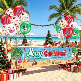 Lenwen 42 Pcs Summer Christmas Decorations Set Summer Christmas Fence Banner July Banner and Latex Balloons Santa Flamingo Tropical Beach Theme Party Supplies Yard Garden Outdoor Decor