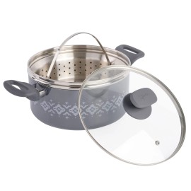 Spice by Tia Mowry 5 QT Healthy Nonstick Ceramic Dutch Oven W/Stainless Steamer Insert & Lid Gray