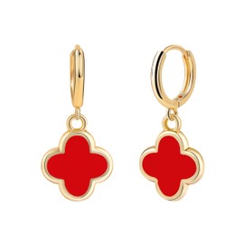 Clover Earrings for Women Four Leaf 4 Clover Earring 14K Gold Plated Hoop Dangle Small Flower Simple Jewelry Lucky Gifts for Women Birthday Christmas Anniversary -Hypoallergenic Earrings/Red Earring