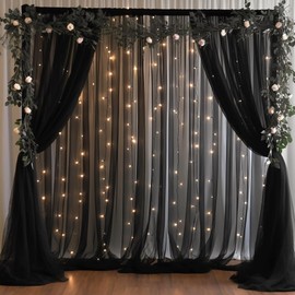 30x8ft Black Tulle Backdrop Curtain with Lights String for Parites, Sheer Photo Backdrop Curtains with Lights for Wedding Backdrop Ceremony Reception Bridal Shower Baby Shower Birthday Party