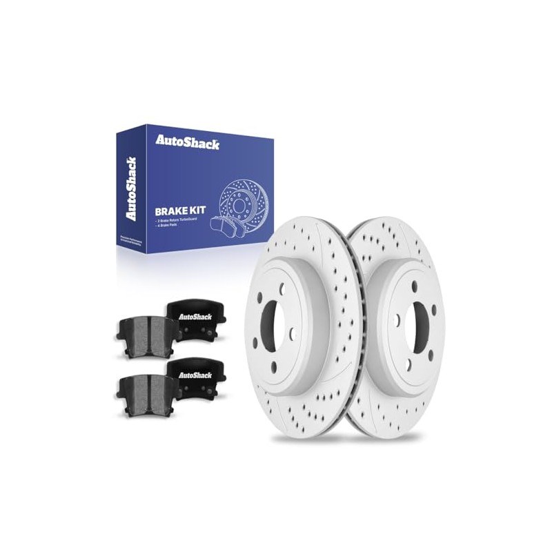 AutoShack Rear Drilled & Slotted Brake Rotors Ceramic Brake Pads