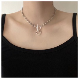 Inilbran Heart Toggle Necklaces Choker Chunky Link Necklace Heart Pendant Necklace Chain Toggle Bar Clasp Chain Necklace Punk Goth Chain Necklaces for Women and Girls