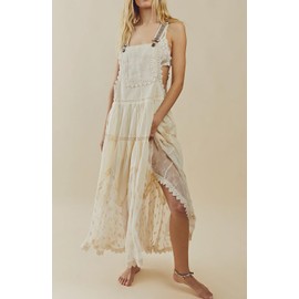 CHARTOU Women Bib Overall Dress Jumper Babydoll Pinafore Dress Embroidered Lace Maternity Straps Suspender Dress (Large, Apricot)