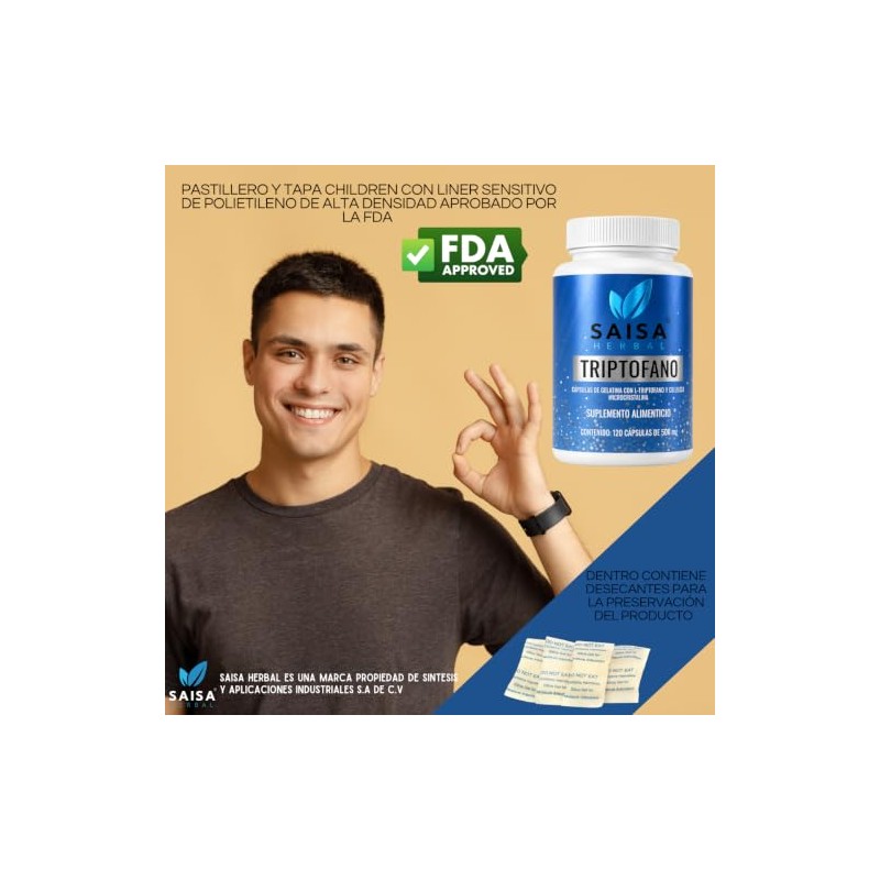 Triptófano 120 Cápsulas Saisa Herbal Sueño Ánimo Estrés Suplemento Natural