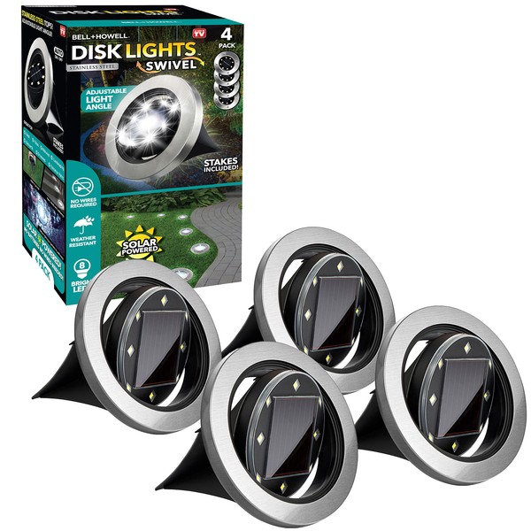 Bell+Howell Swivel Disk Lights Set of 4 Solar Ground Lights with 8 LED Bulbs - Landscape Lighting for Outdoor, Yard, Garden and Lawn – Wireless, Easy Installation, Stakes Included - As Seen On TV