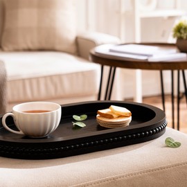 Oval Decorative Tray, Wooden Decorative Serving Tray for Kitchen Counter, Wood Beaded Tray for Farmhouse Home Living Room Decor, Black, 15 Inch