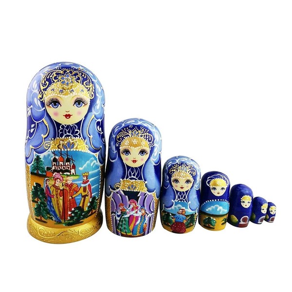 Winterworm Set 7 Pcs Fairy Tale Blue Gold Glazed Toddler Doll Wooden Stacking Toy Traditional Russian Nesting Dolls Handmade Matryoshka Doll Kids Toy Souvenir