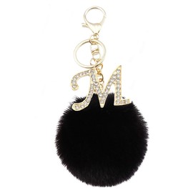 Xsclpomddy Pom Pom Keychain Artificial Soft Rabbit Hair Bag Pendant Ball Keyring with Golden Letter A-Z for Handbag, Black m