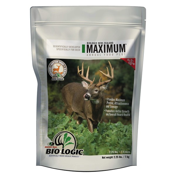 BioLogic New Zealand Maximum Deer Food Plot Seed, Annual Forage with 100% New Zealand Brassicas, Rapid Growth, Massive Antler Growth & Deer Health, 2.25 lb Bag Plants 1/4 Acre